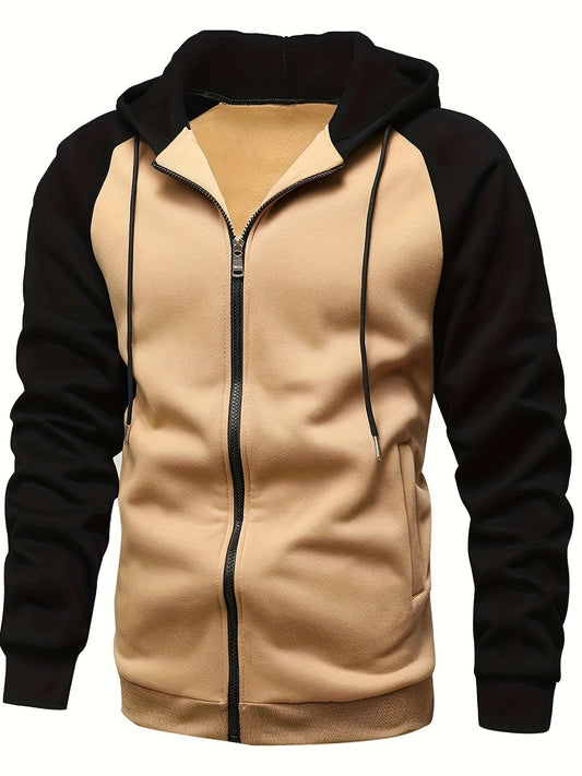 Men's Casual Zip-Up Hoodie with Color Block Design - Long Sleeve, Polyester Blend, Machine Washable, Perfect for Fall/Winter Outdoor Activities