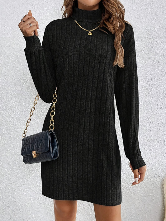 Mock Neck Rib Knit Dress, Elegant Long Sleeve Midi Dress For Spring & Fall, Women's Clothing