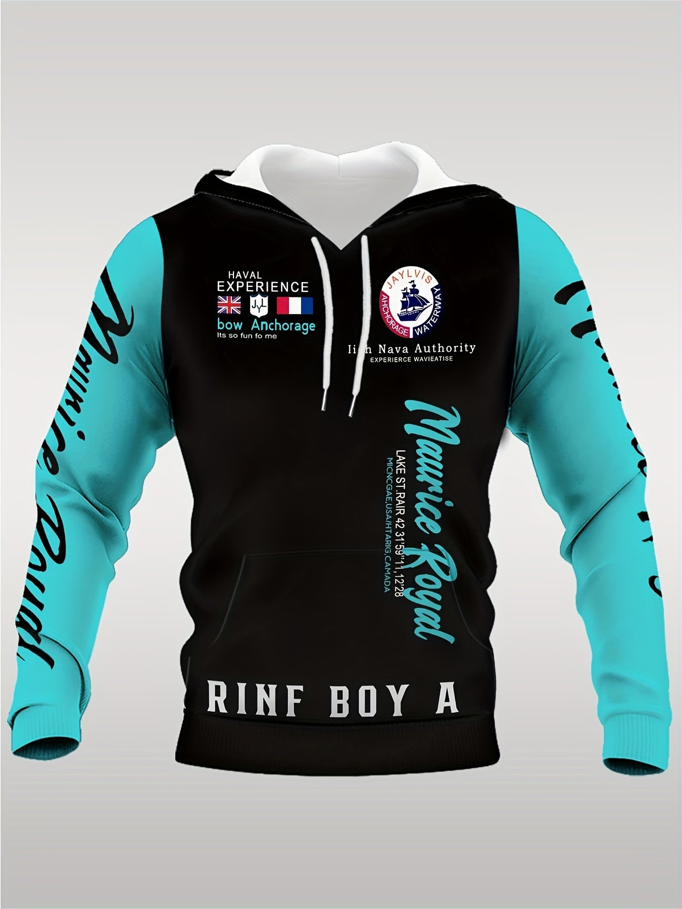 Men's Casual Hoodie with 3D Digital Print - Stretchy, Comfortable Polyester Blend, Blue & Black Color Block Design, Perfect for Fall/Winter