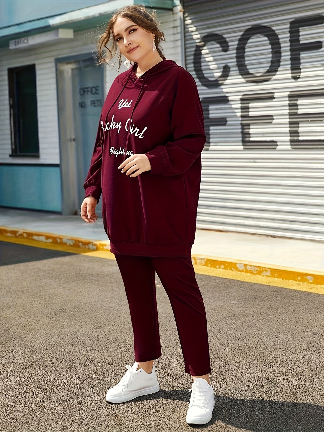 Women's Plus Size Casual Hoodie & Joggers Set with Letter Print, Drawstring Waistband - Machine Washable, for Autumn, Spring