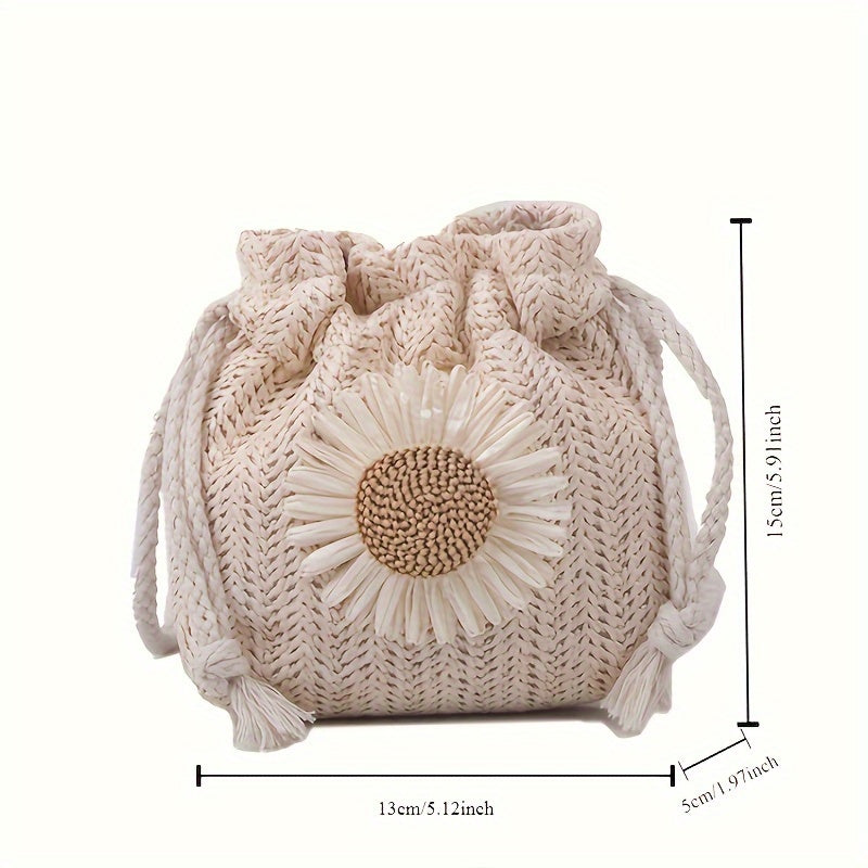 Chic Mini Woven Shoulder Bag with Floral Accent - Versatile & Stylish, Perfect for Everyday Use - Khaki/White