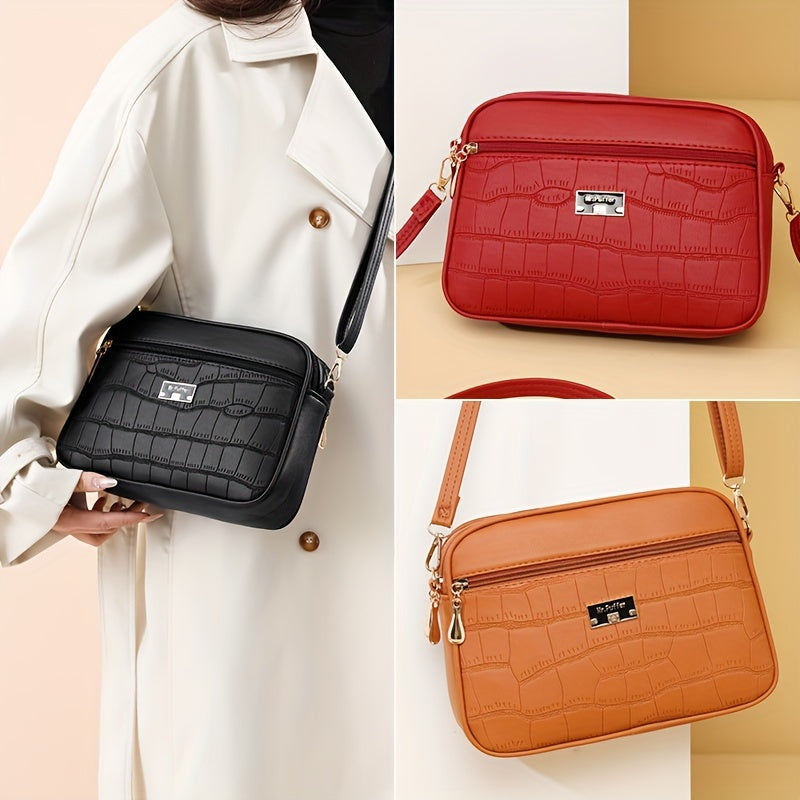 Crocodile Embossed Stylish Shoulder Crossbody Bag For Women, Large Capacity, Simple Style, PU Material, With Adjustable Strap