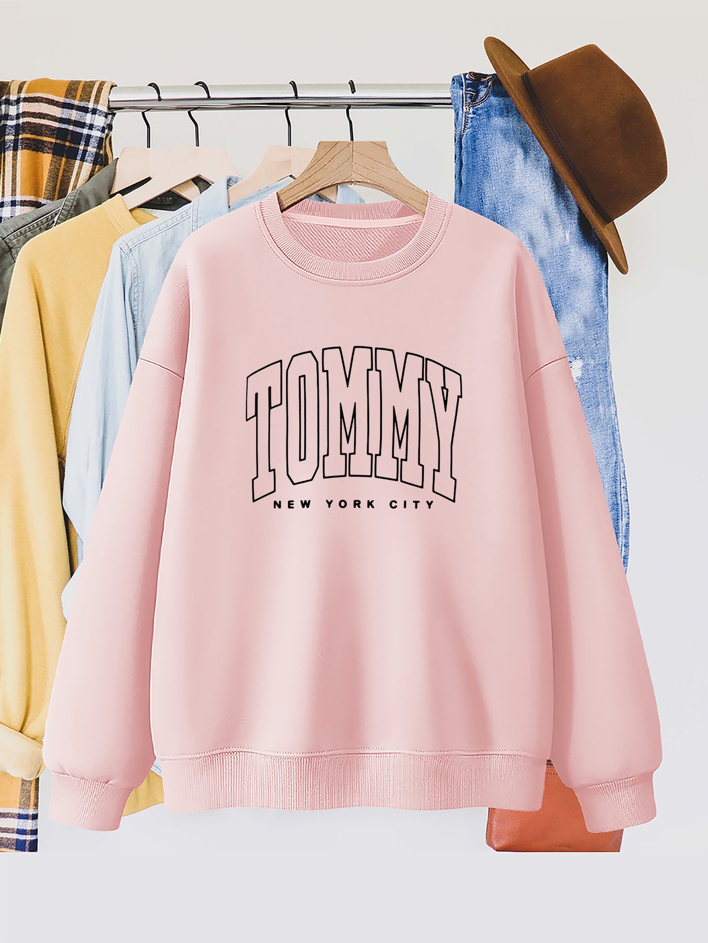 Women'S Tommy New York City Letter Print Sweatshirt, Casual Round Neck Long Sleeve Pullover, Knitted Polyester Fashion Hoodie