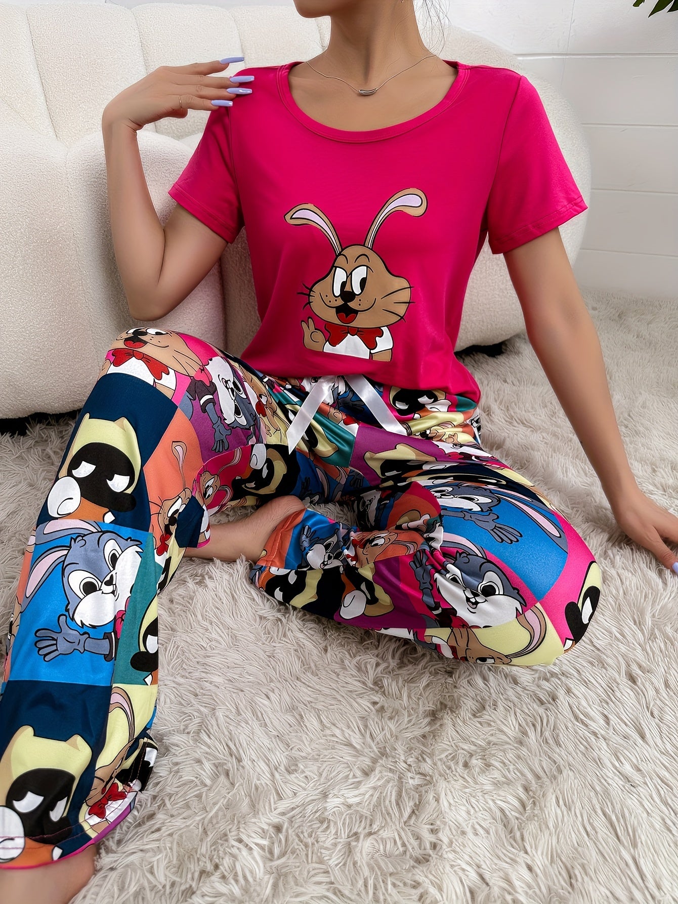 Women's Cute Cartoon Print Pajama Set, Short Sleeve Round Neck Top & Pants, Comfortable Relaxed Fit