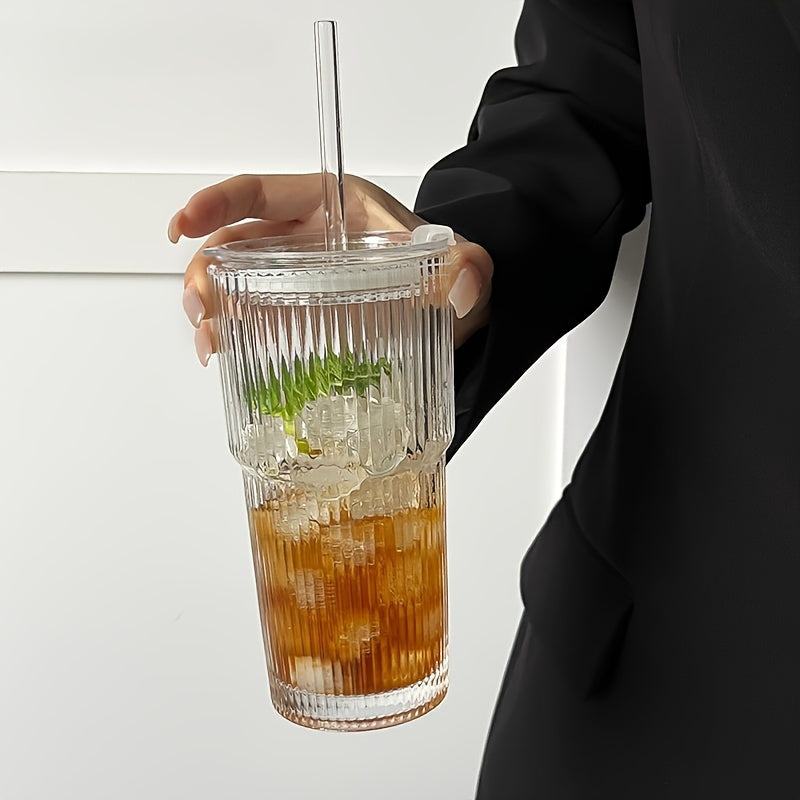 Striped Glass Tumbler Set with Lid & Straw - Large Capacity, Reusable for Cold Drinks, Juice & Coffee - Perfect for Home, Office & Parties