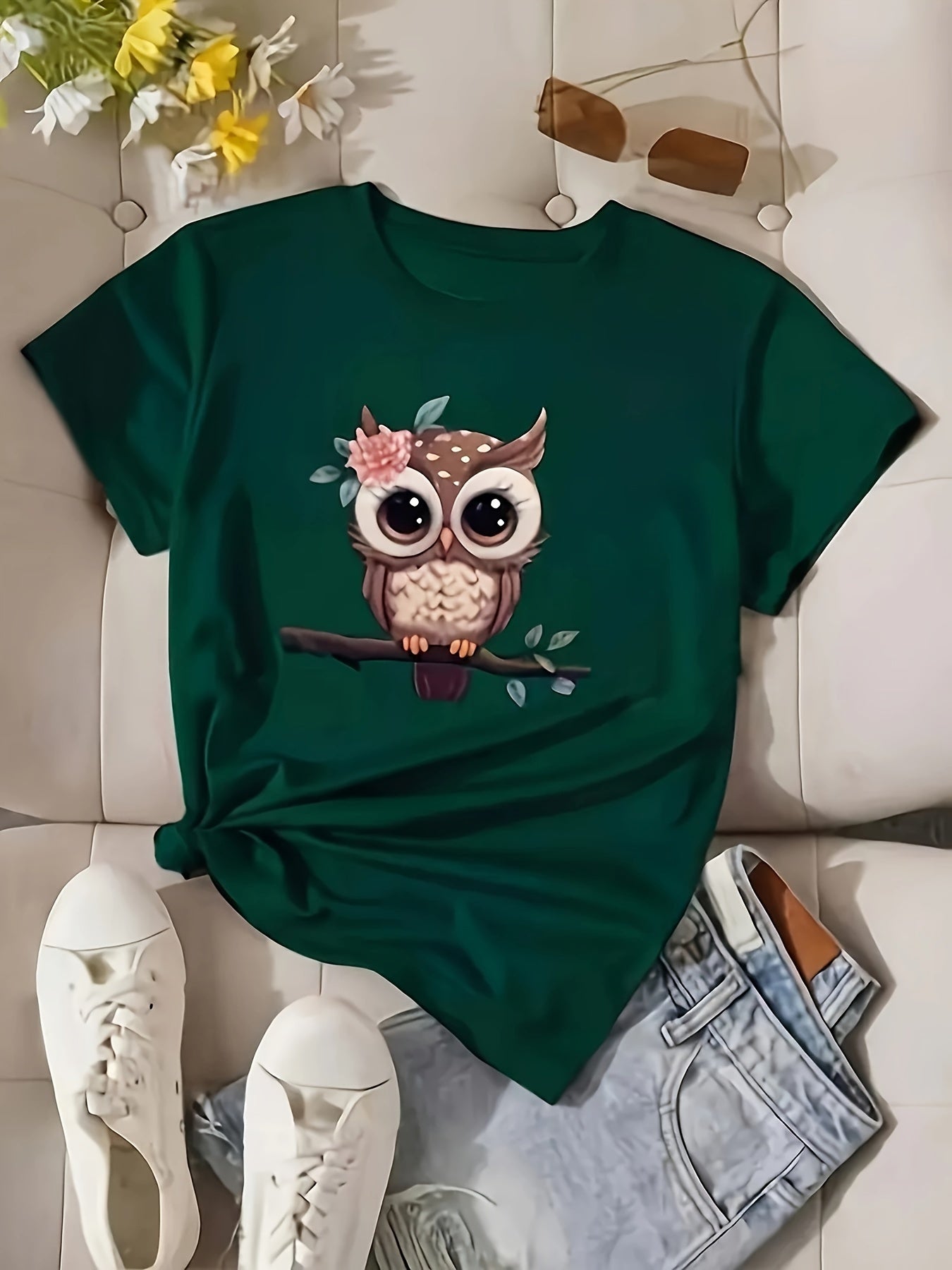 Cartoon Owl Print Crew Neck T-Shirt, Casual Short Sleeve T-Shirt For Spring & Summer, Women's Clothing