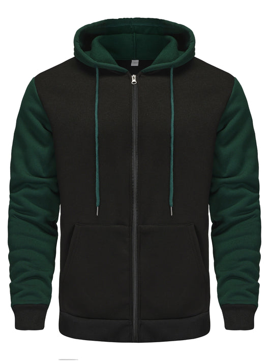 Men's Spring And Autumn Fashion, Contrast Color Hooded Zip Up Long Sleeve Knit Jacket, Leisure Jacket For Casual And Daily Outerwear