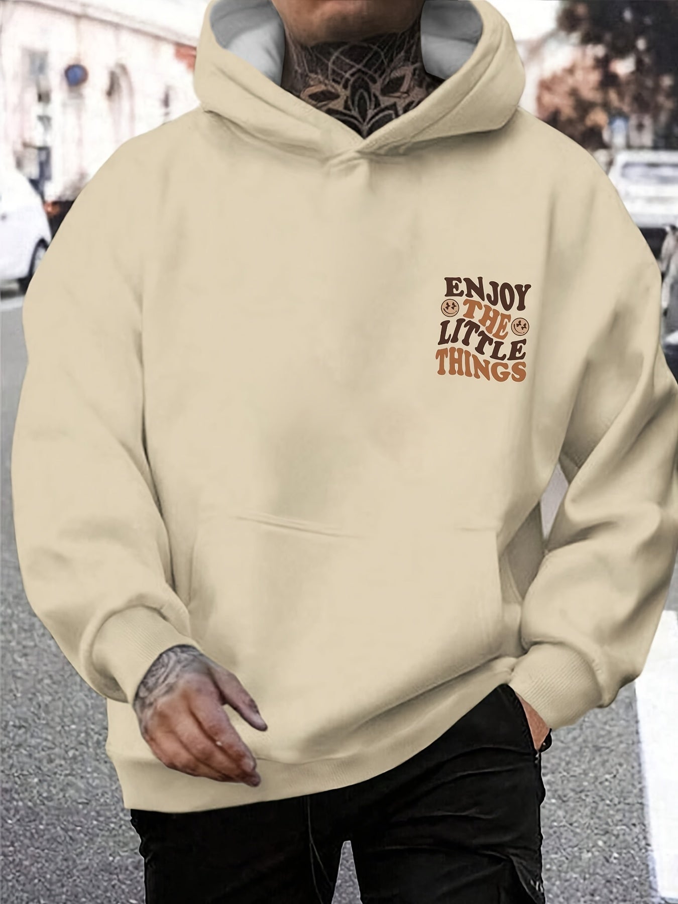 Men's Enjoy The Little Things Graphic Print Hoodie With Kangaroo Pocket, Casual Long Sleeve Hooded Sweatshirt For Fall Winter Outdoor