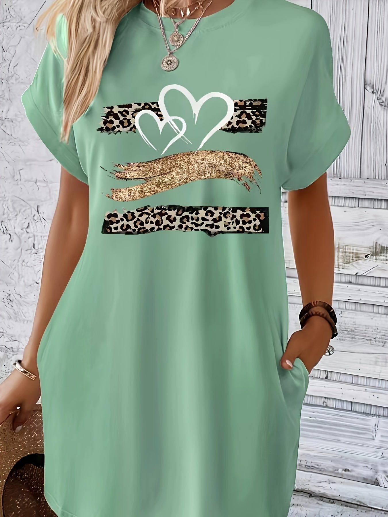 Heart & Leopard Print Dress With Pockets, Short Sleeve Crew Neck Casual Dress For Summer & Spring, Women's Clothing