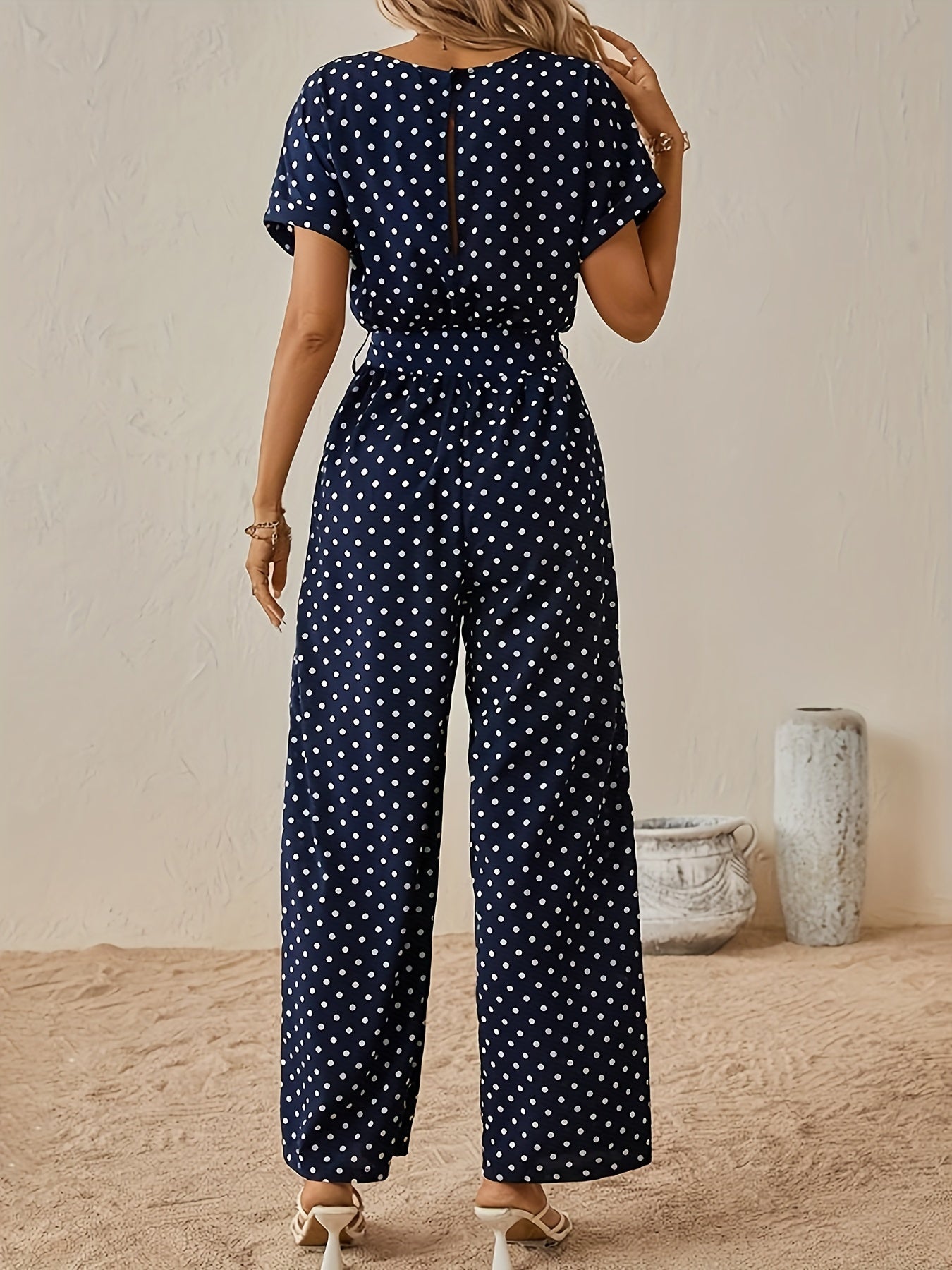 Polka Dot Print Crew Neck Jumpsuit, Elegant Short Sleeve Jumpsuit For Spring & Summer, Women's Clothing