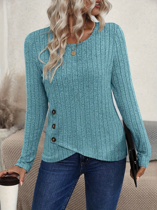 Chic Solid Color Crew Neck Long Sleeve Top for Women - Casual, Stretchy Polyester Blend, Machine Washable - Perfect for Fall/Winter