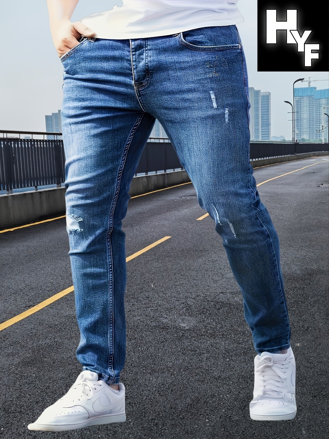 Men's Slim-Fit Stretch Jeans with Pockets - Street Style, Ripped Denim, Mid-Rise, Machine Washable