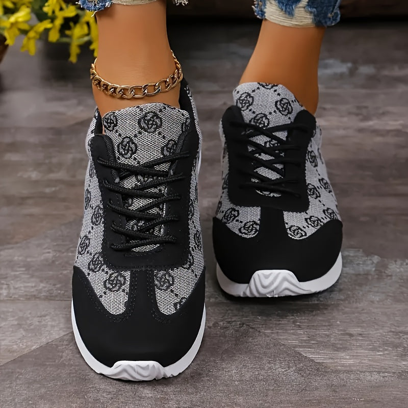 Women's Rose Pattern Casual Sneakers - Lace-Up, Soft Platform Walking Shoes with Rubber Sole, Low-Top Preppy Style