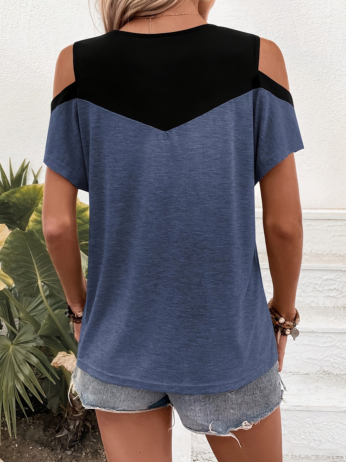 Color Block Cold Shoulder T-shirt, Casual Batwing Sleeve Top For Spring & Summer, Women's Clothing