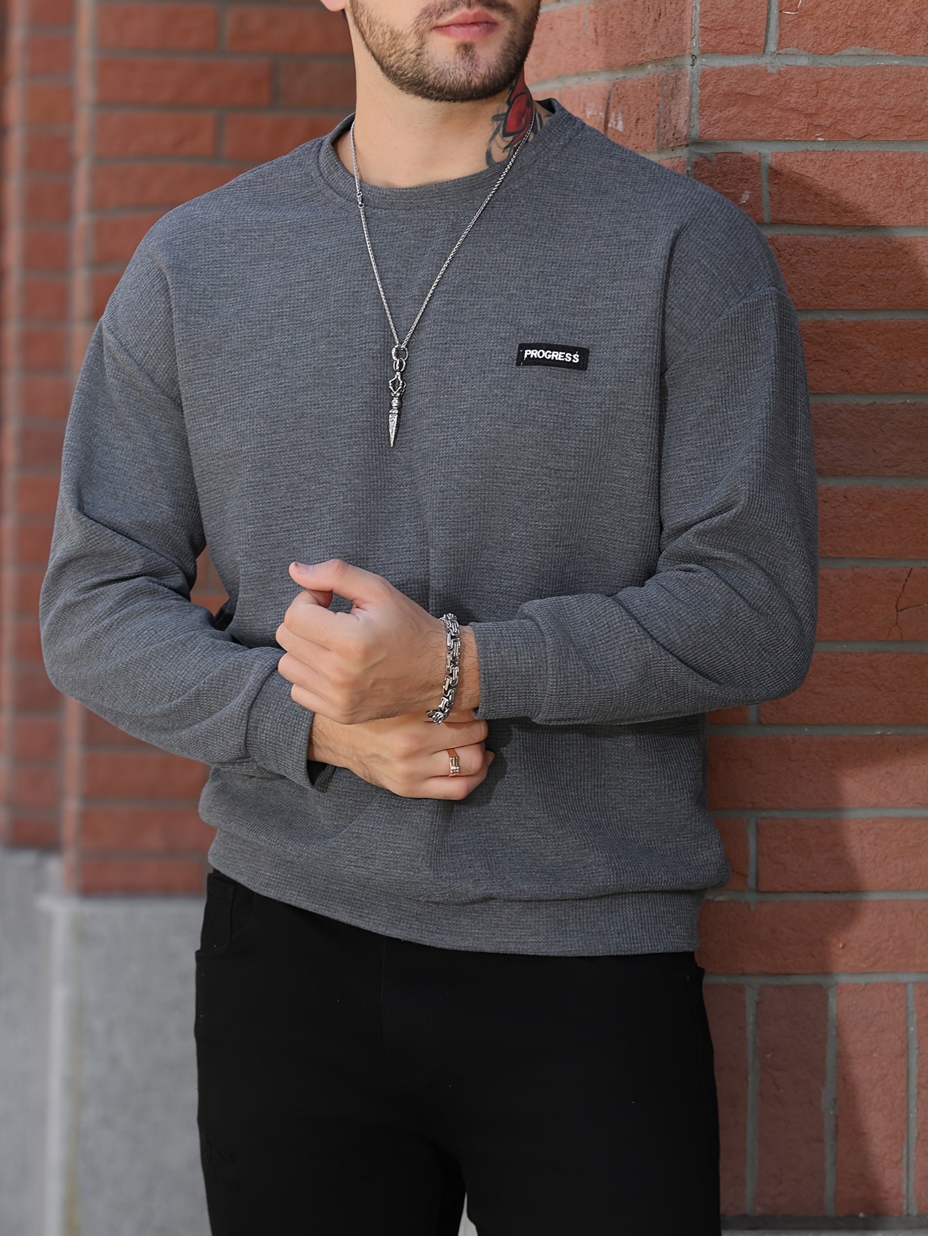 Men's Progress Print Sweatshirt, Casual Breathable Crew Neck Slim-fit Long Sleeve Top For Outdoor