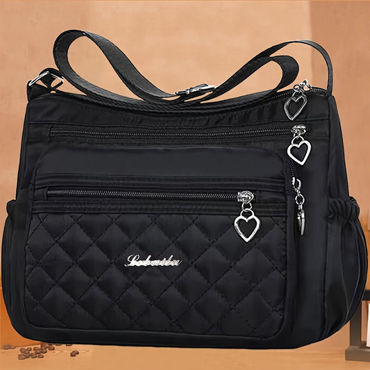 Chic Black Nylon Crossbody Bag for Women - Waterproof, Adjustable Strap, Lightweight with Quilted Design & Zip Closure