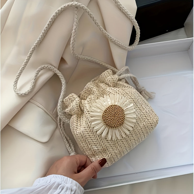 Chic Mini Woven Shoulder Bag with Floral Accent - Versatile & Stylish, Perfect for Everyday Use - Khaki/White