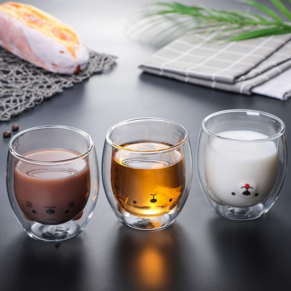 4pcs Set Cute Animal Glass Mugs - Double-Walled Insulated Espresso & Coffee Cups, Perfect for Tea, Milk, and Cold Drinks - BPA-Free, Reusable, Ideal for Valentine's Day & Birthday Gifts