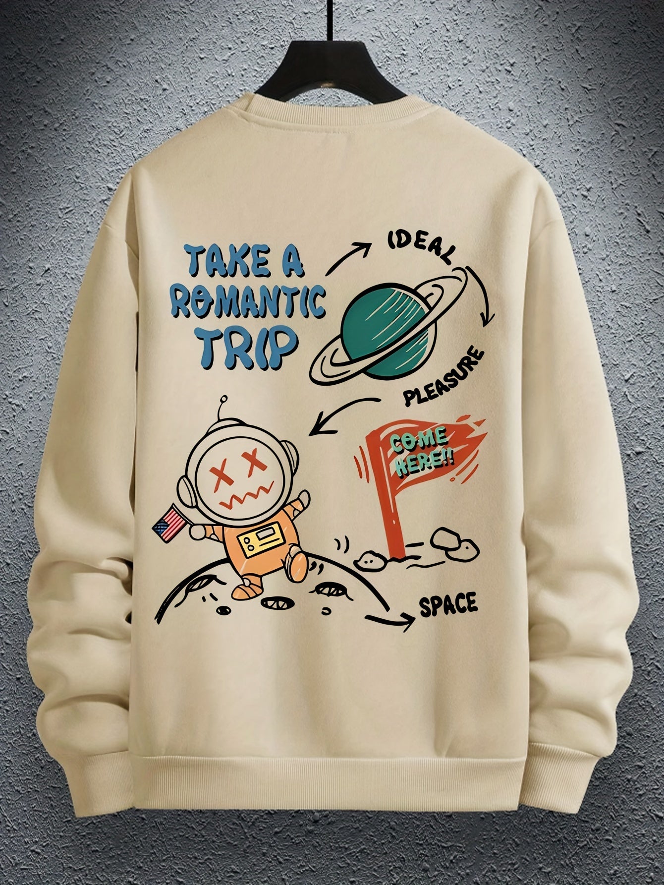 Men's Astronaut Cartoon Print Crew Neck Sweatshirt - Casual, Loose Fit Polyester Pullover with Geometric Design