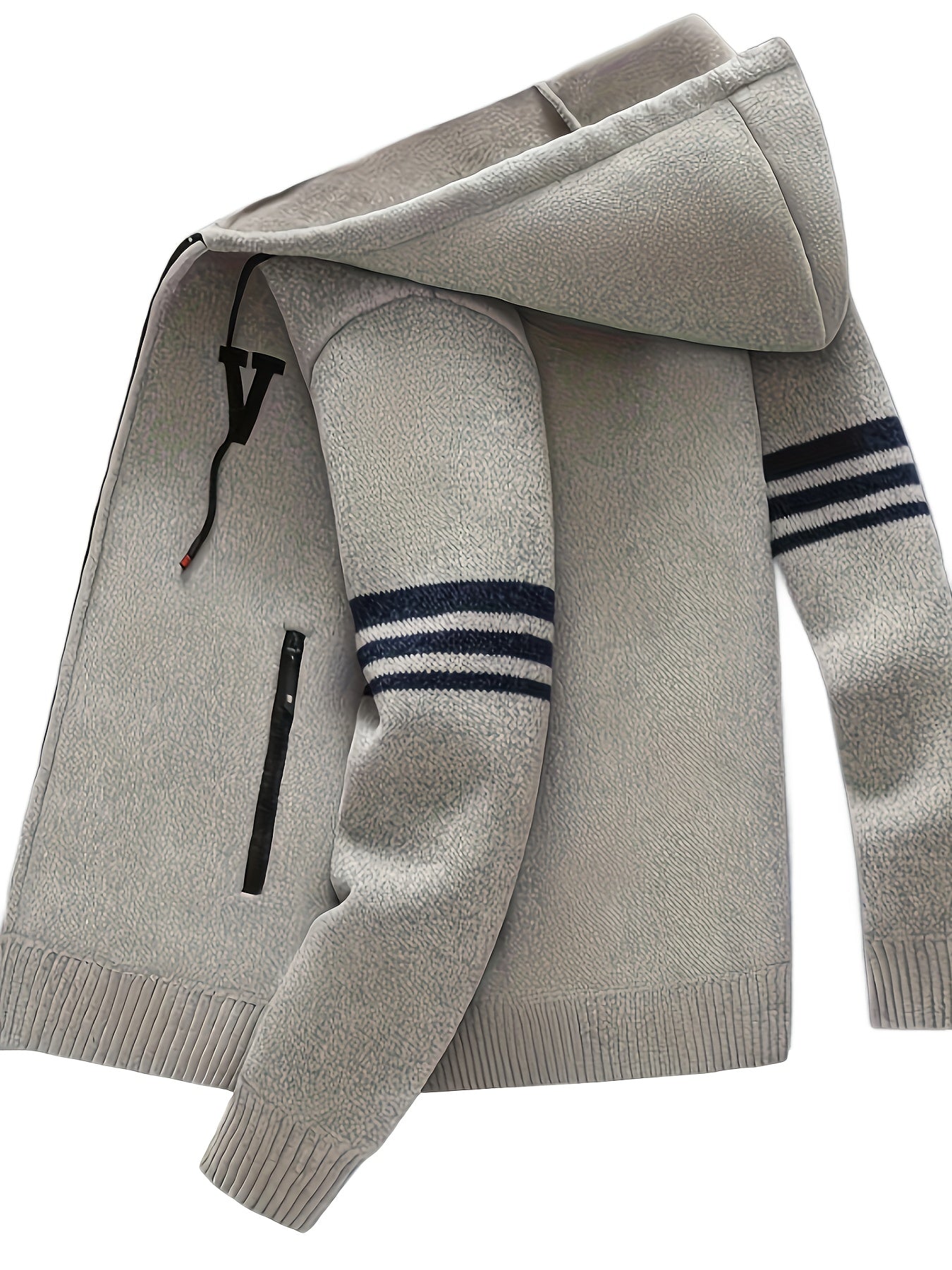 Men's Striped Fleece Hooded Cardigan, Casual Slightly Stretch Breathable Zip Up Thermal Jacket For Fall Winter Outdoor