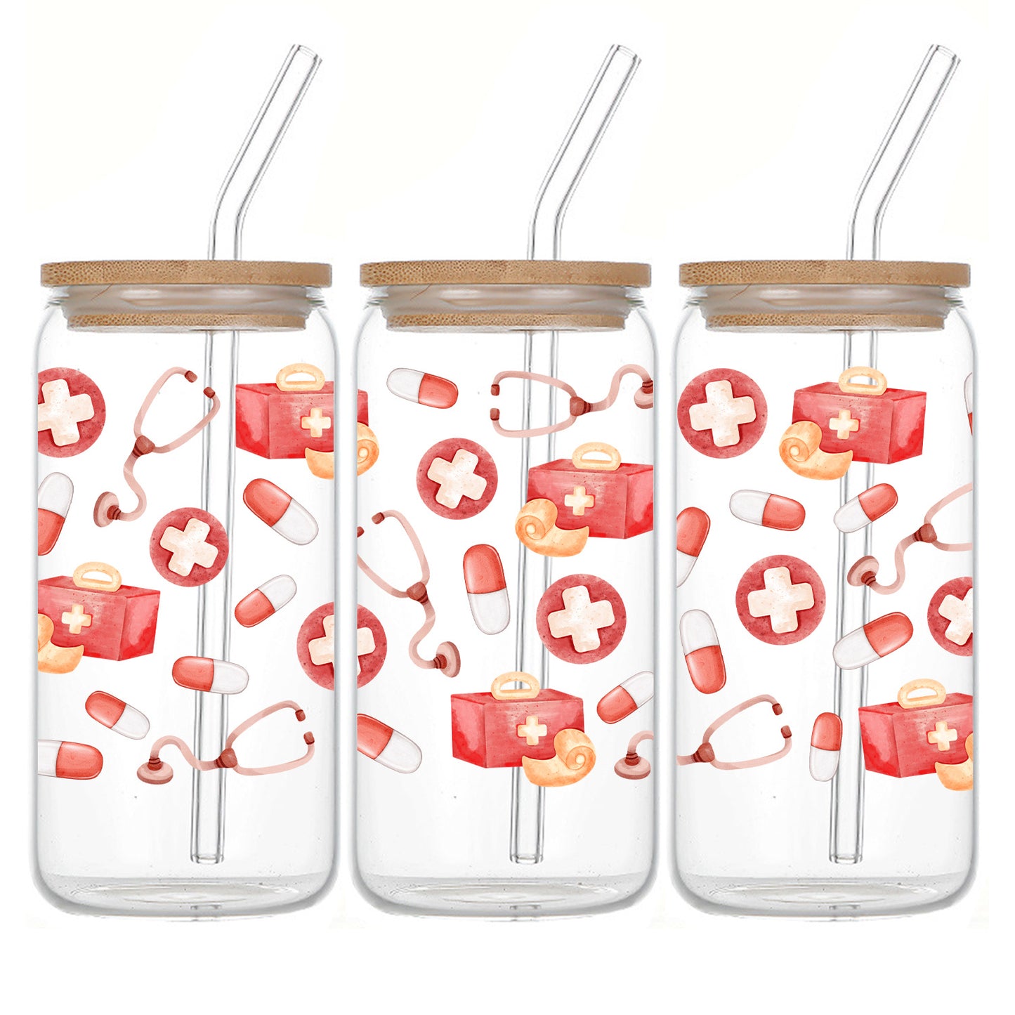 16oz Festive Glass Tumbler with Lid & Straw - UV Printed Stethoscope & Pill Design, Perfect for Iced Coffee & Holiday Drinks, Reusable & Sustainable, Ideal Gift for Christmas & More