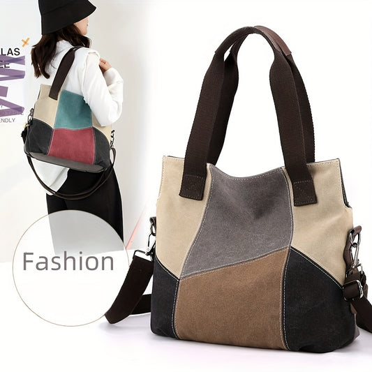Large Capacity Vintage-Style Shoulder Bag With Detachable Strap, Zipper Closure, Color Block Patchwork Tote Bag, Daily Commuter Bag