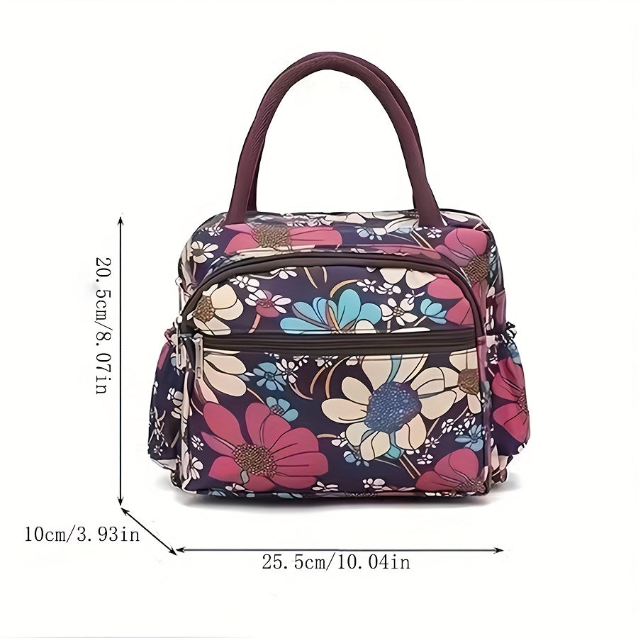 Fashion Floral Oxford Fabric Top-Handle Bag with Multi-Layer Zipper, Waterproof Lunch Bag, Lightweight with Fixed Shoulder Straps and Clutch, Polyester Lined - Guangzhou Large Capacity Portable Bento Bag