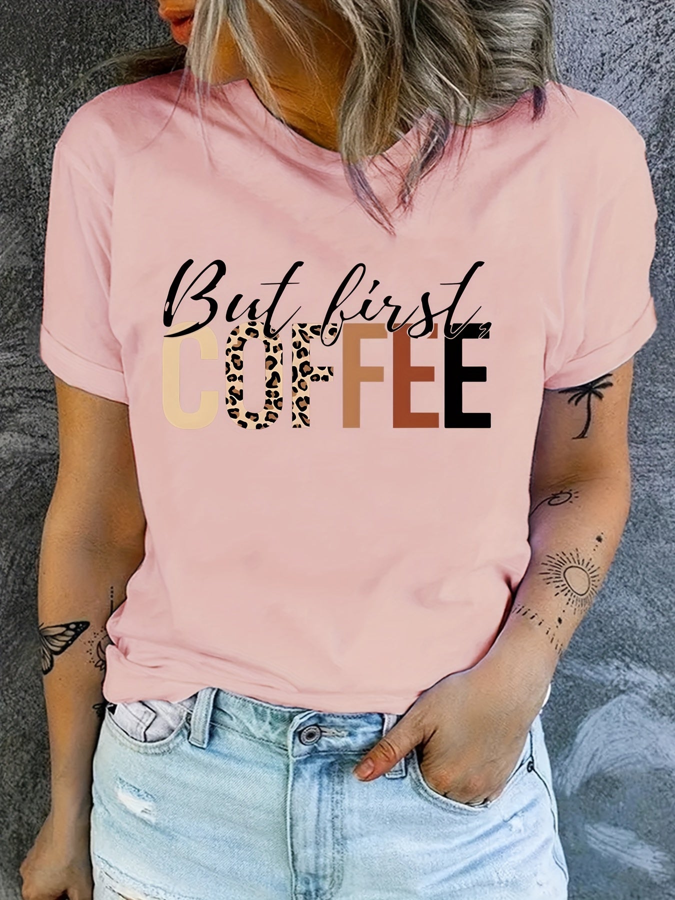 Coffee Print Crew Neck T-Shirt, Casual Short Sleeve Top For Spring & Summer, Women's Clothing