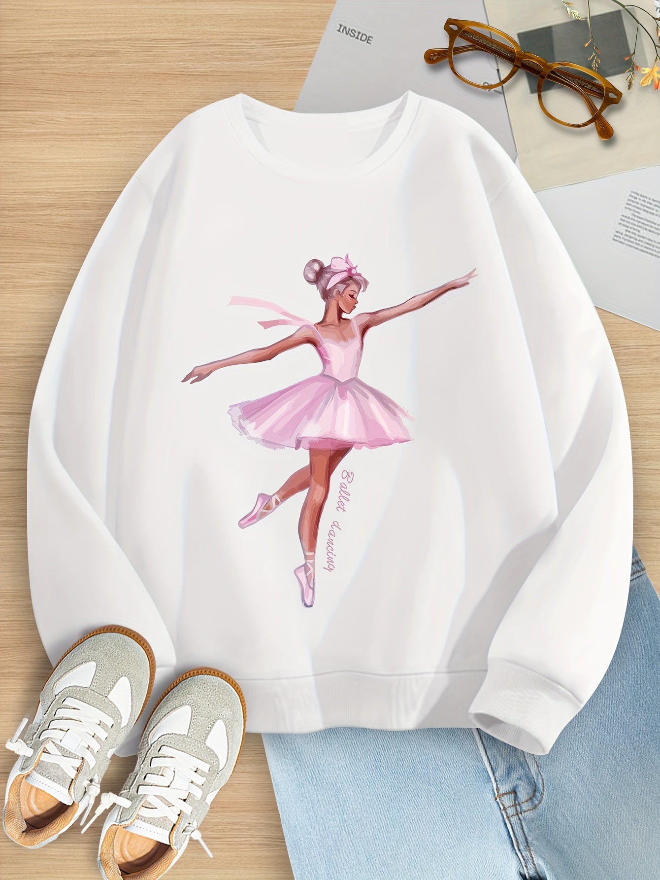 Beautiful Cartoon Ballet Girl Graphic Print, Girls Trendy & Casual Long Sleeve Sweatshirt For Fall & Winter, Girls Clothes, As Gifts