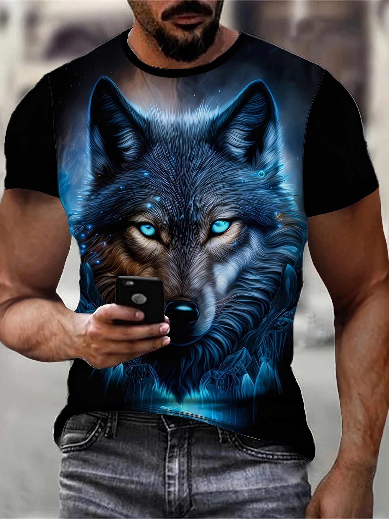 Men's Wolf Graphic Print T-shirt, Casual Short Sleeve Crew Neck Tee, Men's Clothing For Outdoor