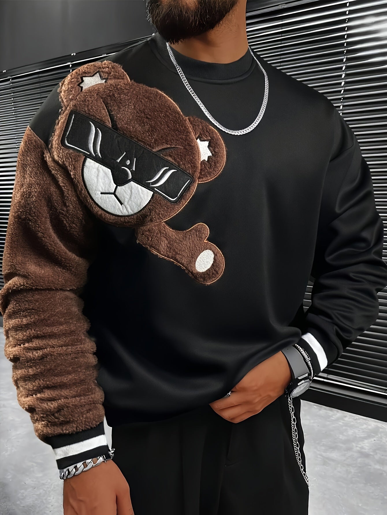 1pc Men'S Casual Cartoon Bear Embroidery Sweatshirt, Polyester Knit Pullover with Round Neck and Regular Fit