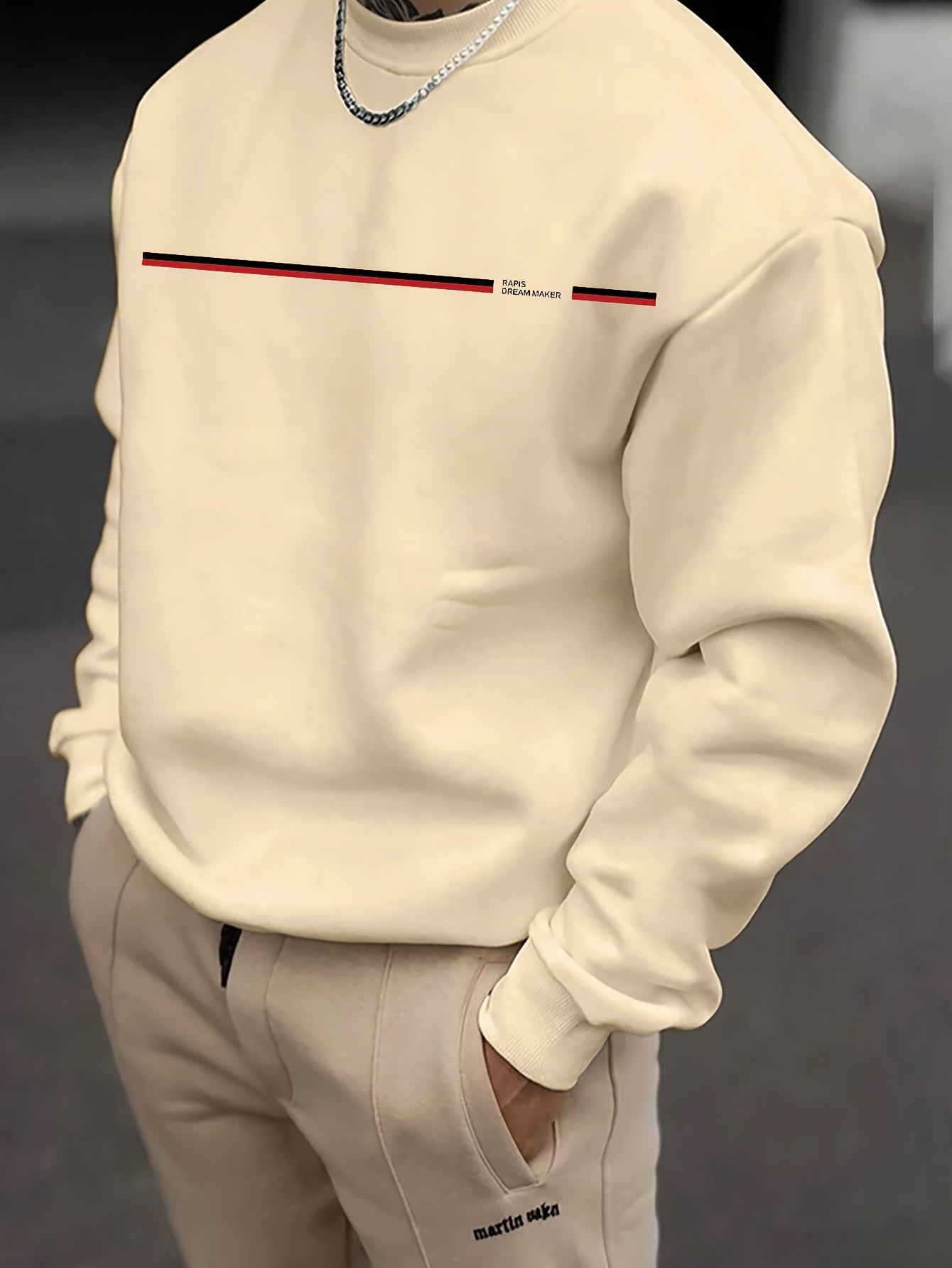 Men's Casual Crew Neck Sweatshirt with Paris Lettering - Polyester 100% Knit Fabric, Slight Stretch, Loose Fit, Solid with Horizontal Stripe Detail