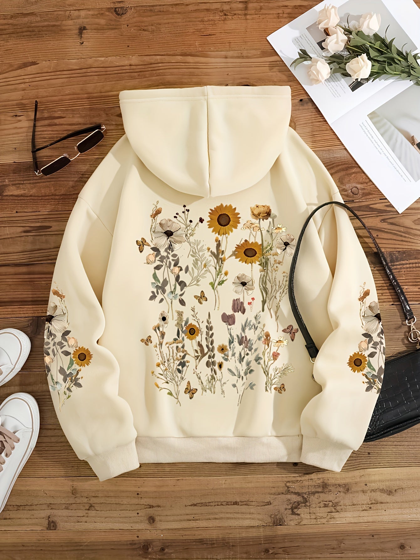 Women's Floral Print Drawstring Hoodie - Casual Polyester Pullover with Kangaroo Pocket, Long Sleeve, Machine Washable, All-Season Comfort Fit Sweatshirt