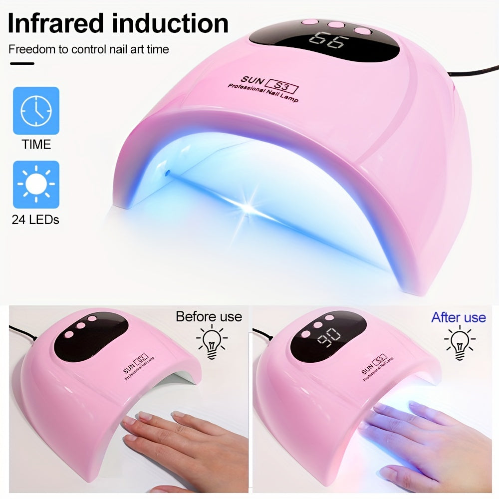 Professional 24-UV LED Nail Lamp - Fast Gel Polish Drying with Auto Sensor, 3 Timer Settings & LCD Display, USB Powered for Hands, Feet & Nails