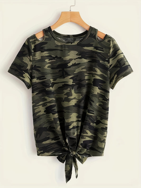 Camo Print Knot Hem Crew Neck T-Shirt, Cut Out Short Sleeve T-Shirt For Spring & Summer, Women's Clothing