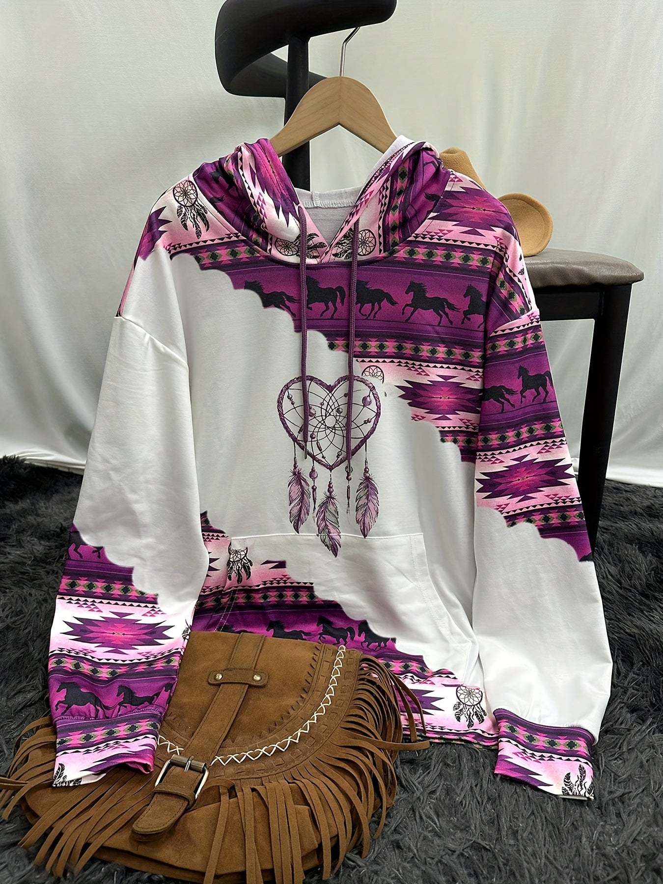 Western Ethnic Style Vintage Print Drawstring Hoodie, Casual Long Sleeve Hooded Sweatshirt With Kangaroo Pocket For Fall & Spring, Women's Clothing