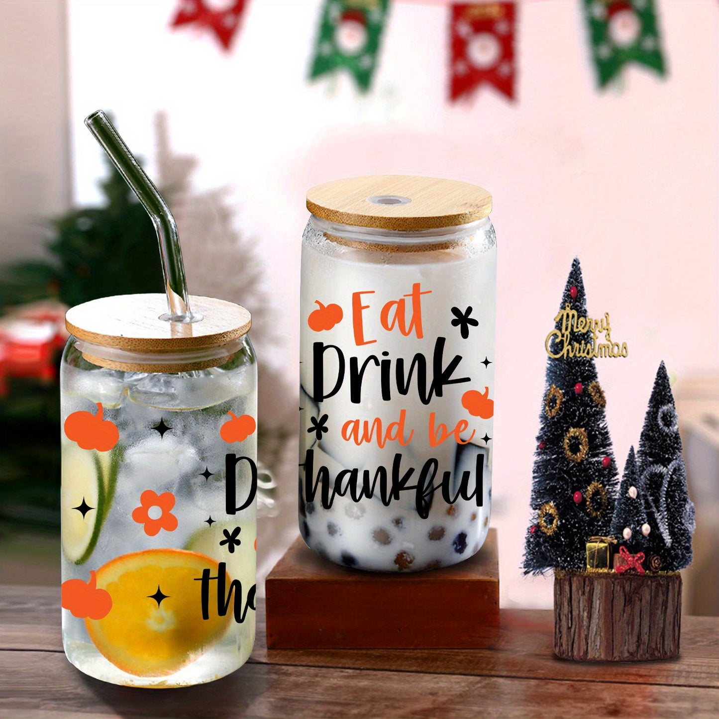 Thanksgiving 16oz Glass Tumbler with Lid & Straw - Pumpkin Floral UV Print, Perfect for Iced Coffee & Soda, Ideal Holiday Gift