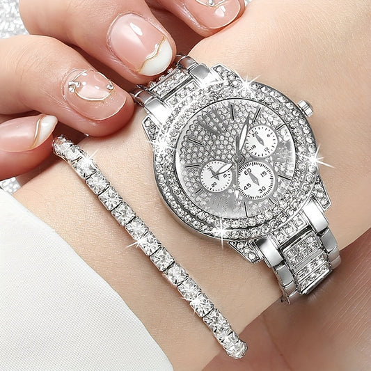 1pc Silvery Round Pointer Quartz Watch & 5pcs Jewelry