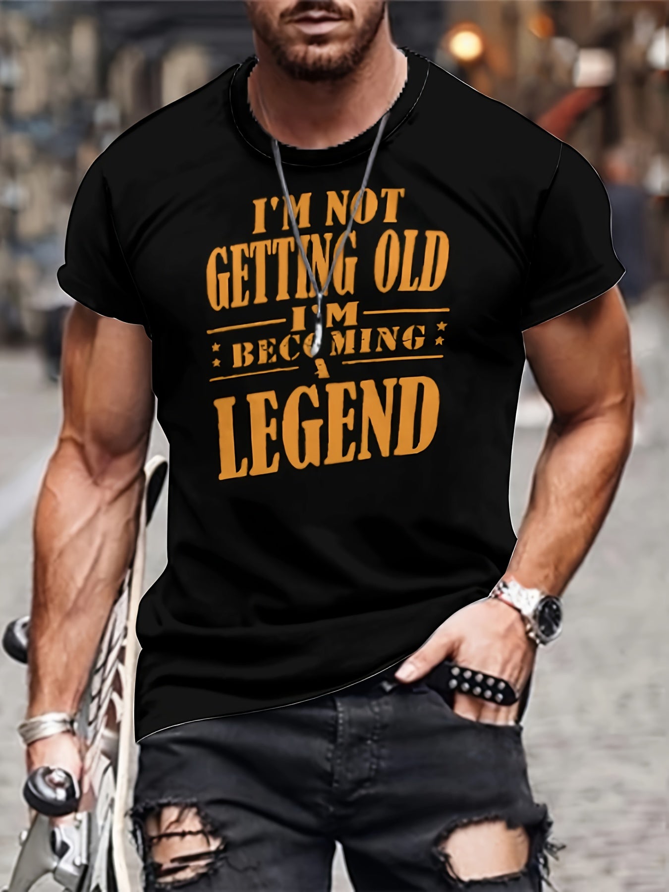 "I'm Becoming A Legend" Print Crew Neck T-shirt For Men, Casual Short Sleeve Top, Men's Novelty Tee For Summer Outing