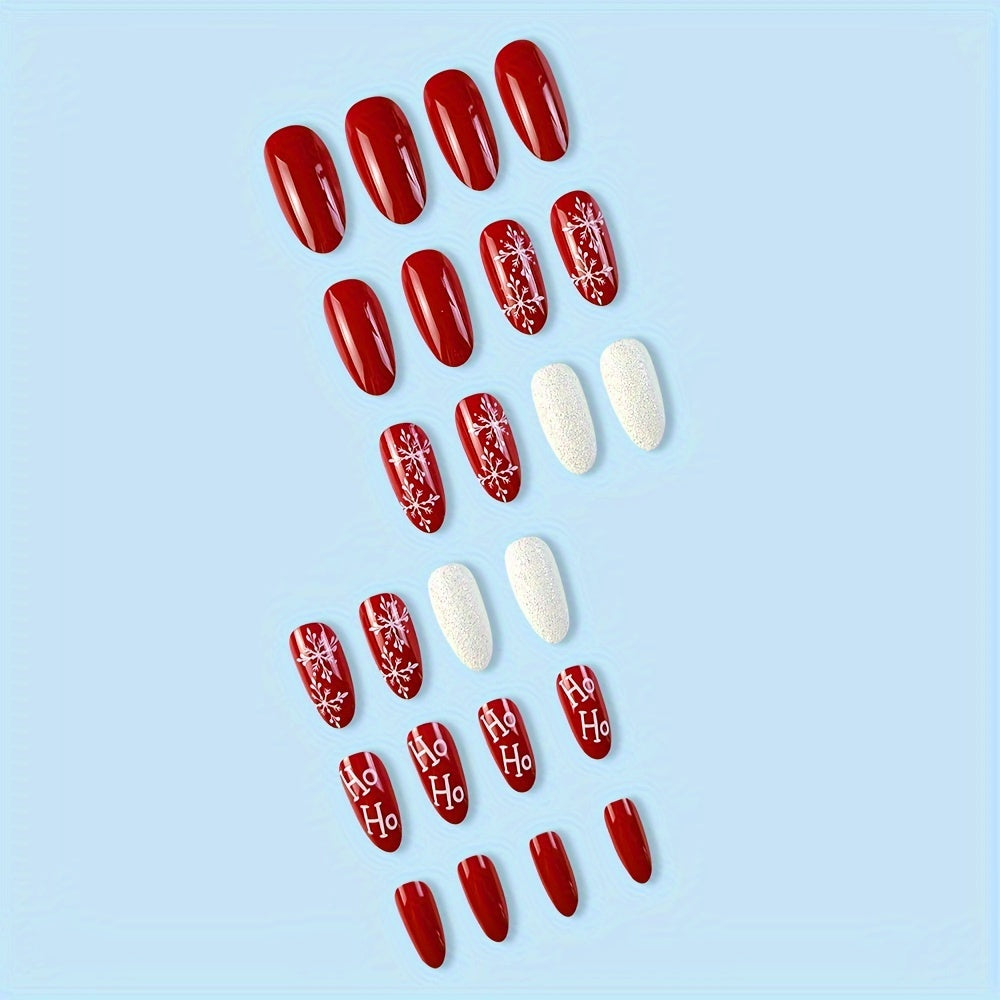 24pcs Long Almond Drop Shape Press-On Nails Set, Christmas Snowflake Design, Mixed Color, Glossy Finish, Removable with Jelly Glue, Includes Nail File