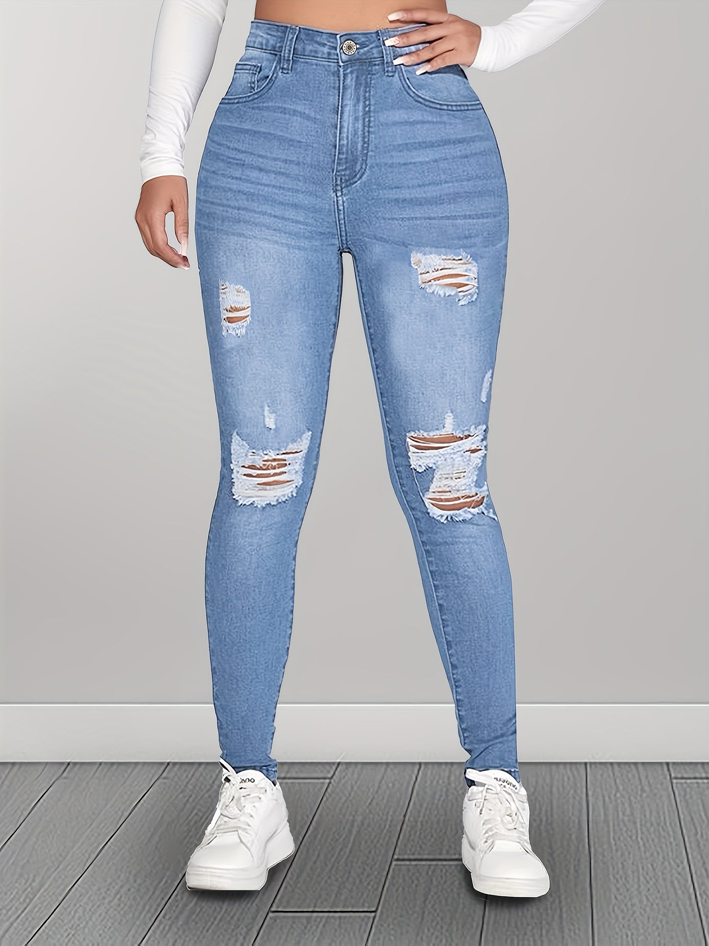 Ripped Holes Washed Skinny Jeans, Slim Fit High Stretch Tight Jeans, Women's Denim Jeans & Clothing