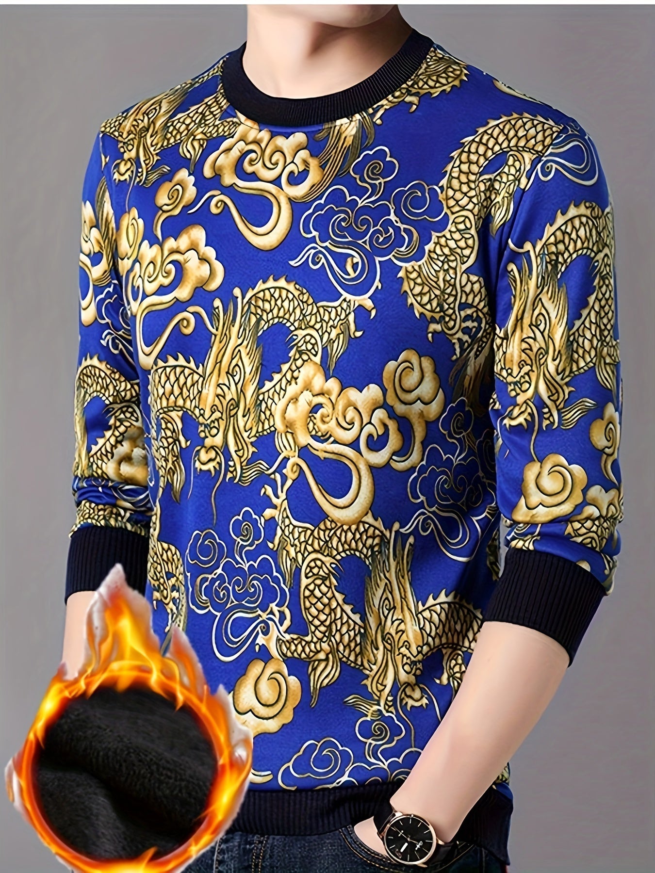 Men's Cozy Fleece-Lined Dragon Print Sweater - Casual Crew Neck Pullover for Fall/Winter, Machine Washable