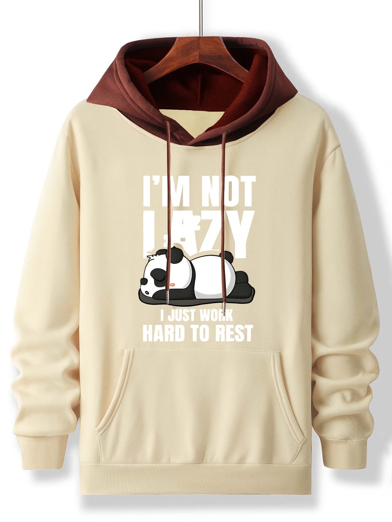 Men'S Casual Hoodie with Cartoon Panda Print, "I'm Not Lazy, I Just Work Hard to Rest" Slogan, Stretchy Polyester, Regular Fit, Crew Neck, Knit Fabric, Fashionable Fall/Winter Pullover - PSLM-1454