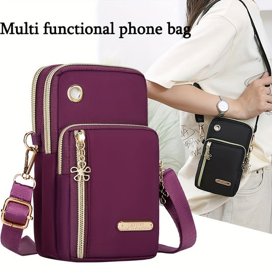 Women's Solid Color Nylon Crossbody Phone Bag with Zipper Closure and Polyester Lining, Casual Mini Shoulder Pouch with External Pockets