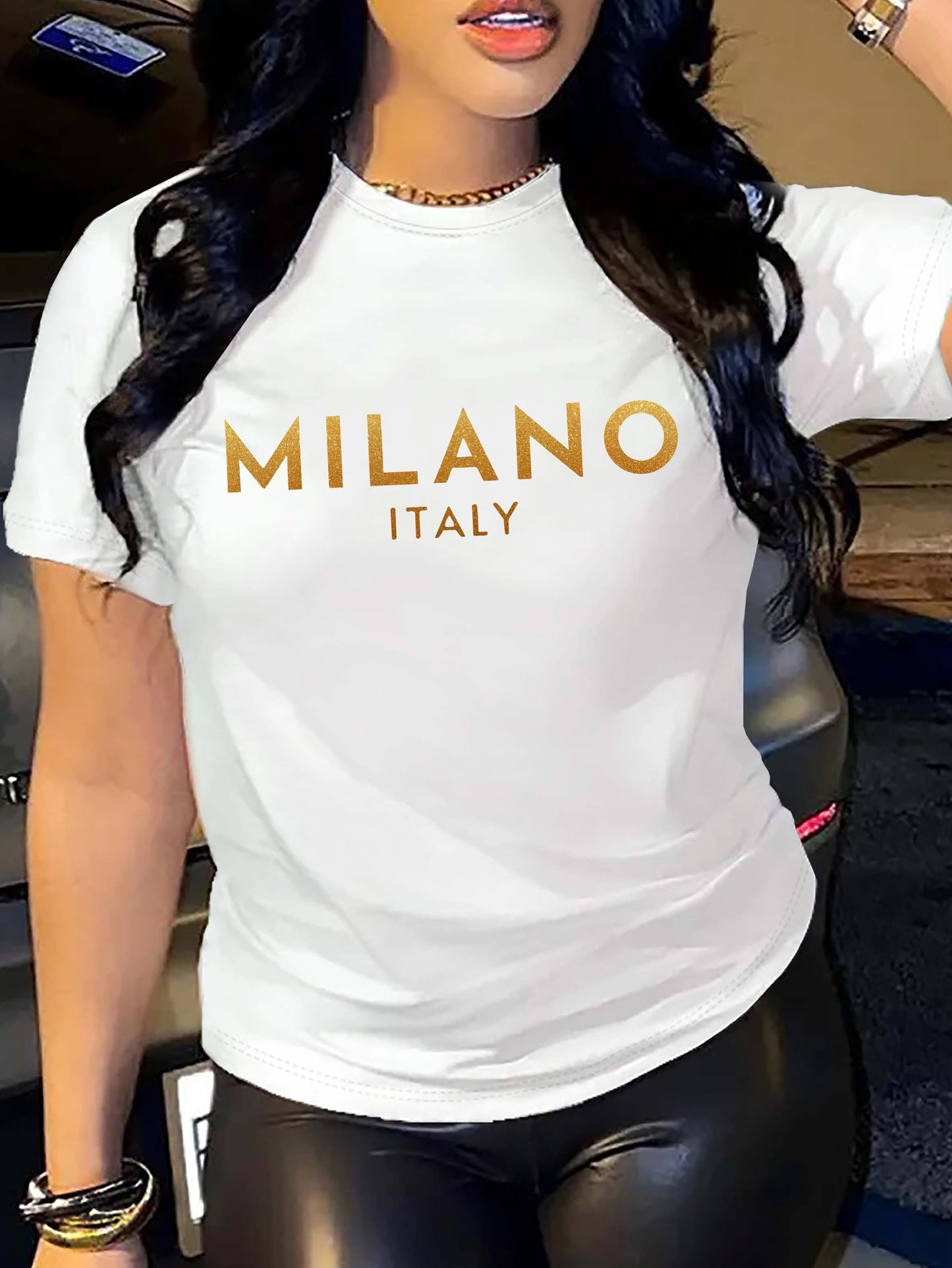 Milano Letter Print Crew Neck T-Shirt, Casual Short Sleeve T-Shirt For Spring & Summer, Women's Clothing