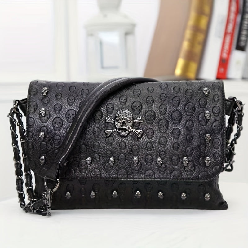 Gothic Ghost Head Metal Chain Crossbody Bag, PVC Textured Bag, Personality Fashion Shoulder Bag