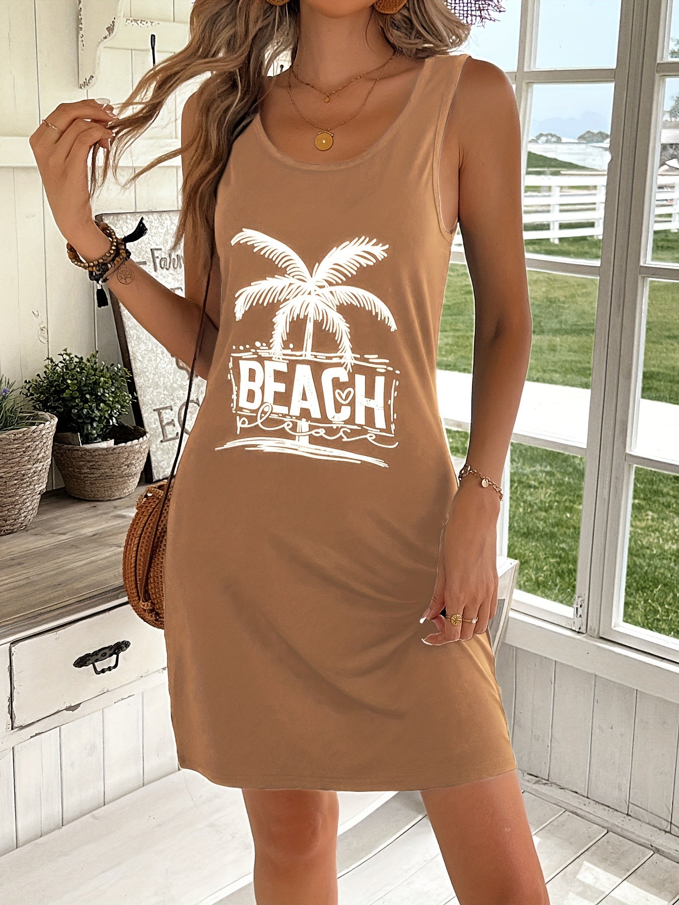 Beach Tree Print Tank Dress, Casual Crew Neck Sleeveless Dress For Spring & Summer, Women's Clothing