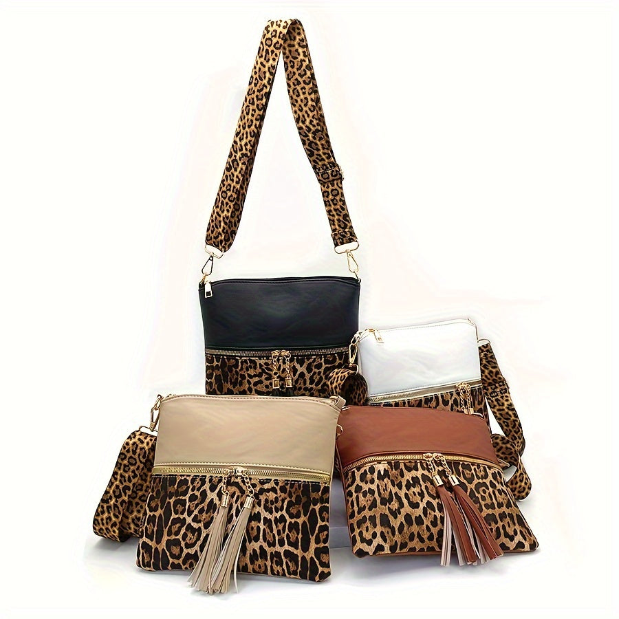 Leopard Print Tassel Slim Crossbody Pouches, PU Material, With Adjustable Strap, Stylish Women's Fashion Handbags