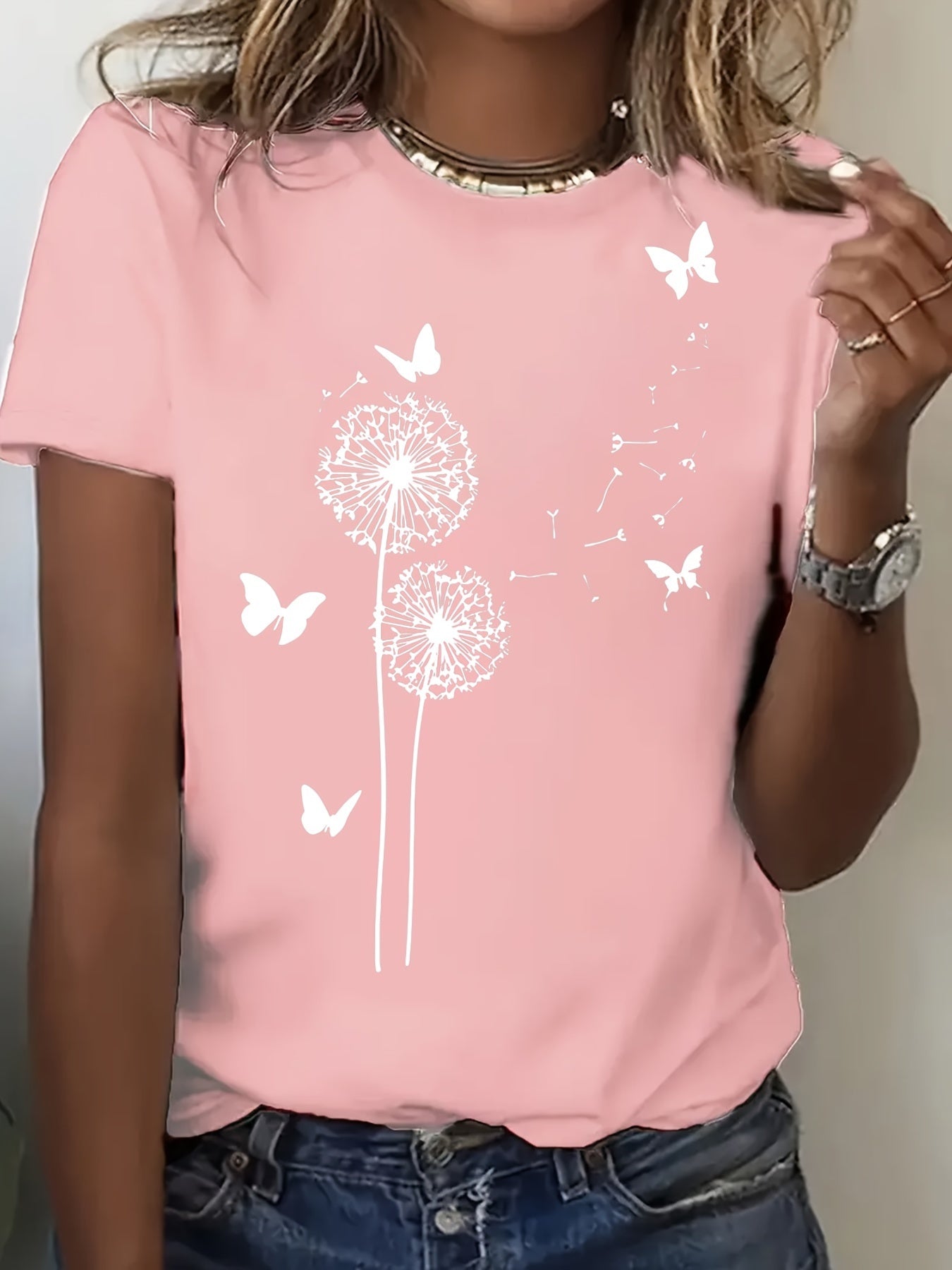 Dandelion Print Crew Neck T-shirt, Casual Short Sleeve Top For Spring & Summer, Women's Clothing