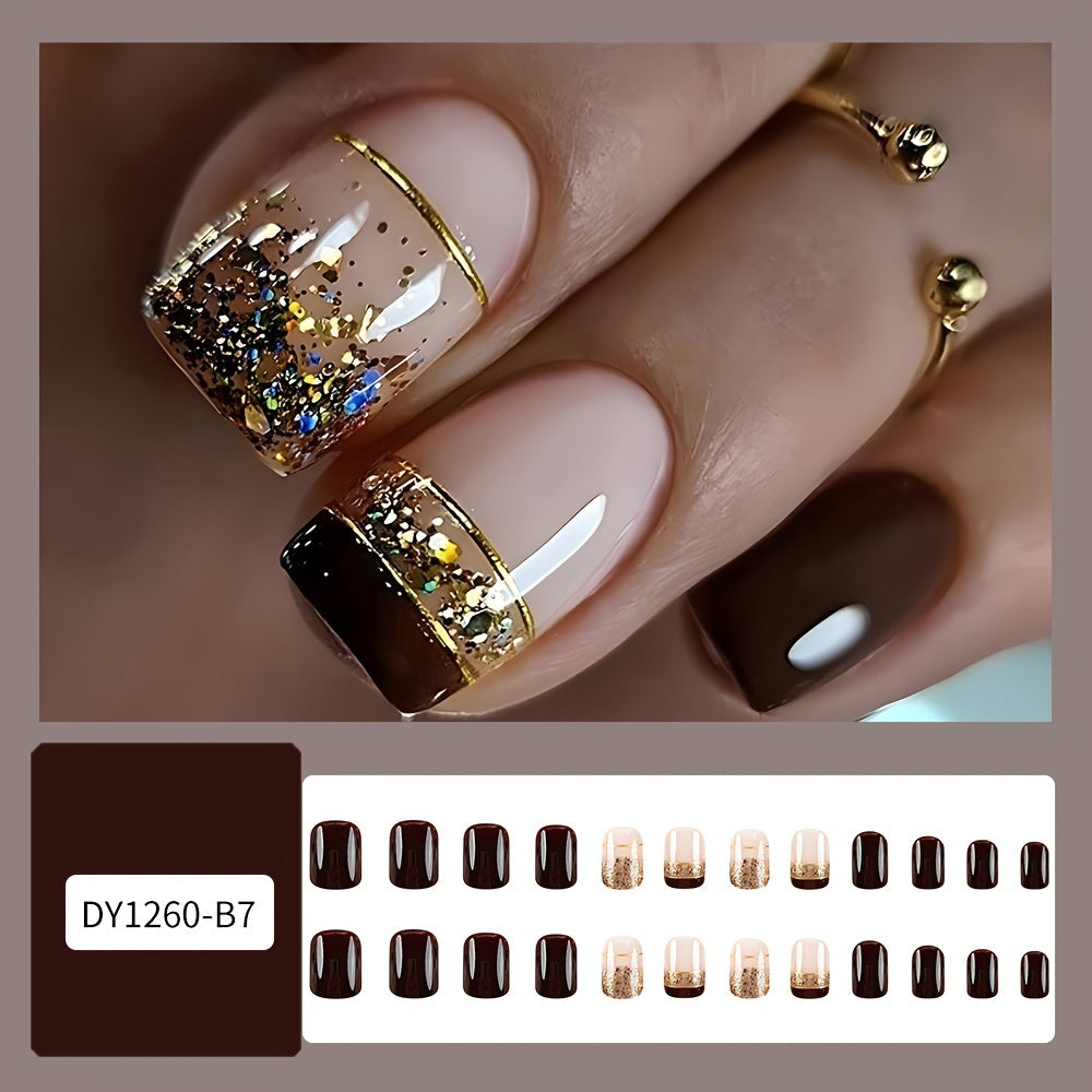 24pcs Glossy Short Squoval Press on Nails Brown And Golden Stripe Fake Nails Glitter Artificial Finger Manicure False Nails for Women And Girl